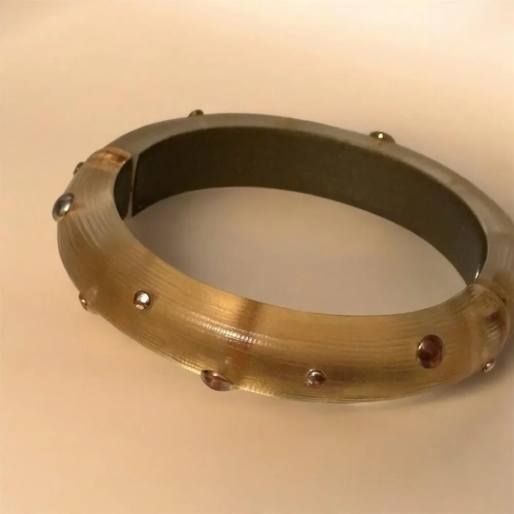 Signed Alexis Bittar Studded Lucite Hinged Bracelet | Frosted Champagne Bangle